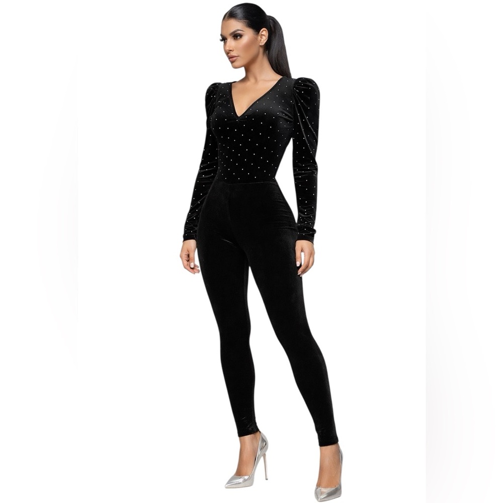 H&M  Sparkling Decor Bodysuit  Black Velvet Puff Sleeve Size Medium